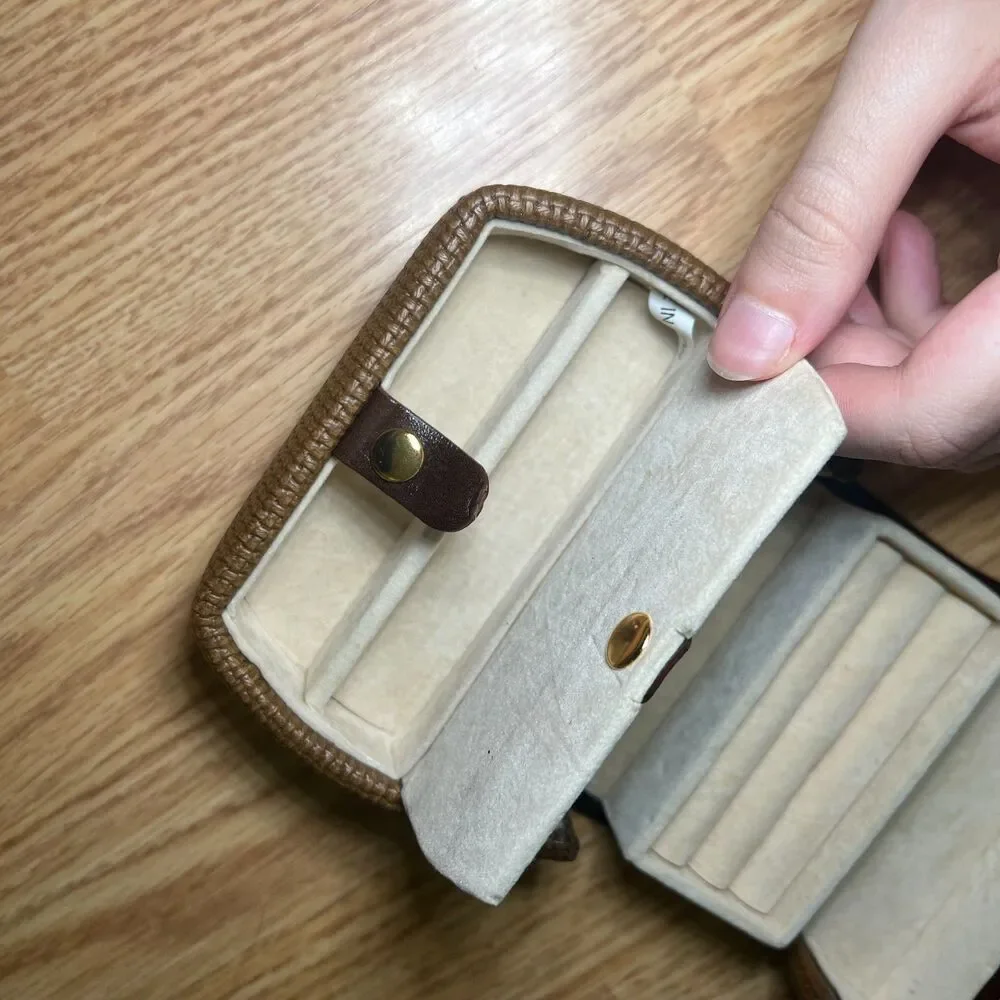 Vintage Brown Leather Mini Travel Jewelry Box Purse Case Fold Out Organizer Y2K
